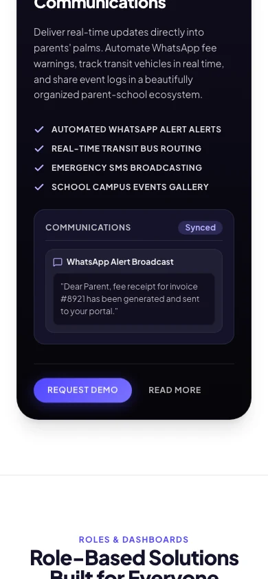 Campus Host parent communication module showing an automated WhatsApp fee-receipt alert