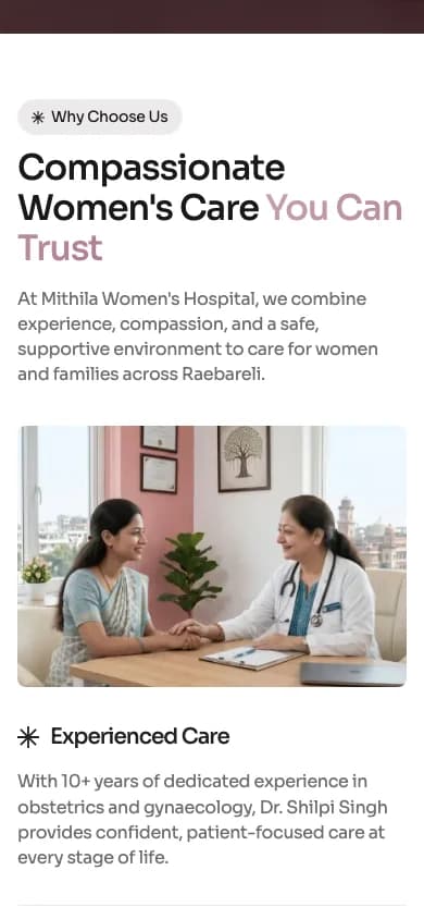 Mithila Women's Hospital care approach section with clinic photography
