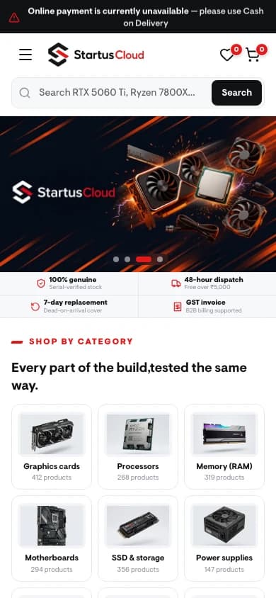 Startus Cloud storefront on a phone, with search, the trust bar and category grid