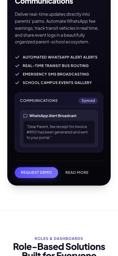 Campus Host parent communication module showing an automated WhatsApp fee-receipt alert